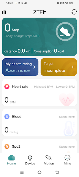 ZTFit app home screen showing daily activity and health data